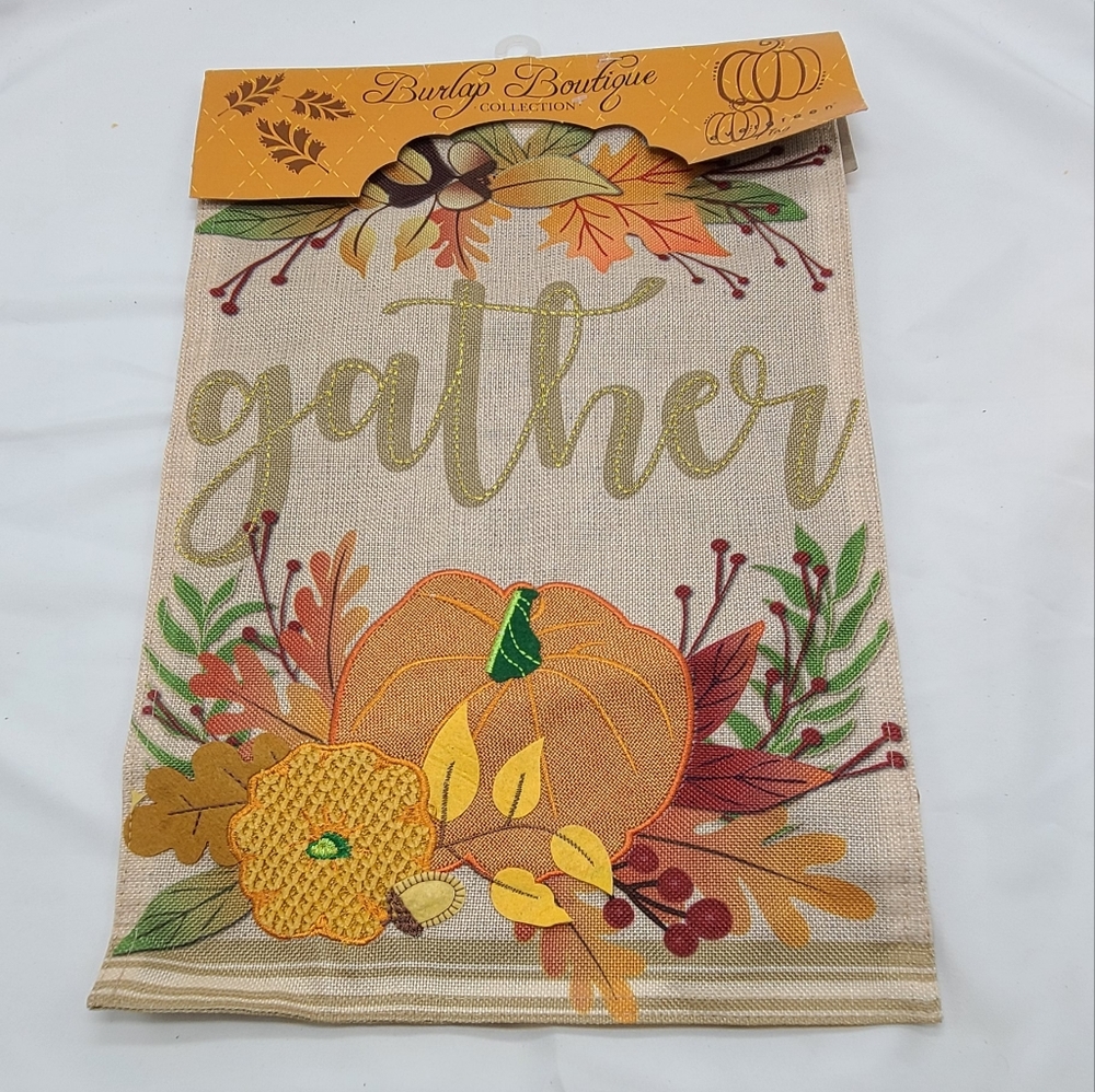 Evergreen Autumn Gather Garden Burlap Flag,  NWT